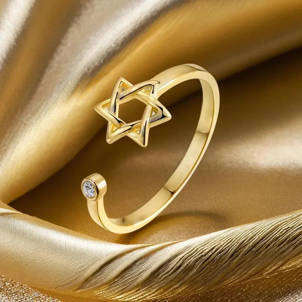 Open ring for women with the Star of David, Jewish symbol, gold