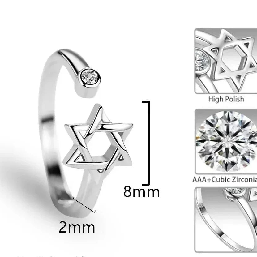 Open ring for women with the Star of David, Jewish symbol