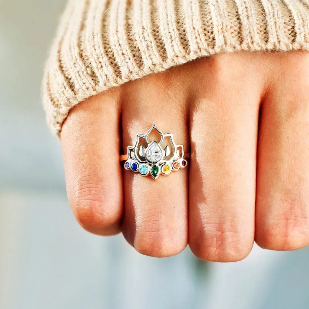 7 Chakra Stone Ring Lotus Flower Women silver-plated
