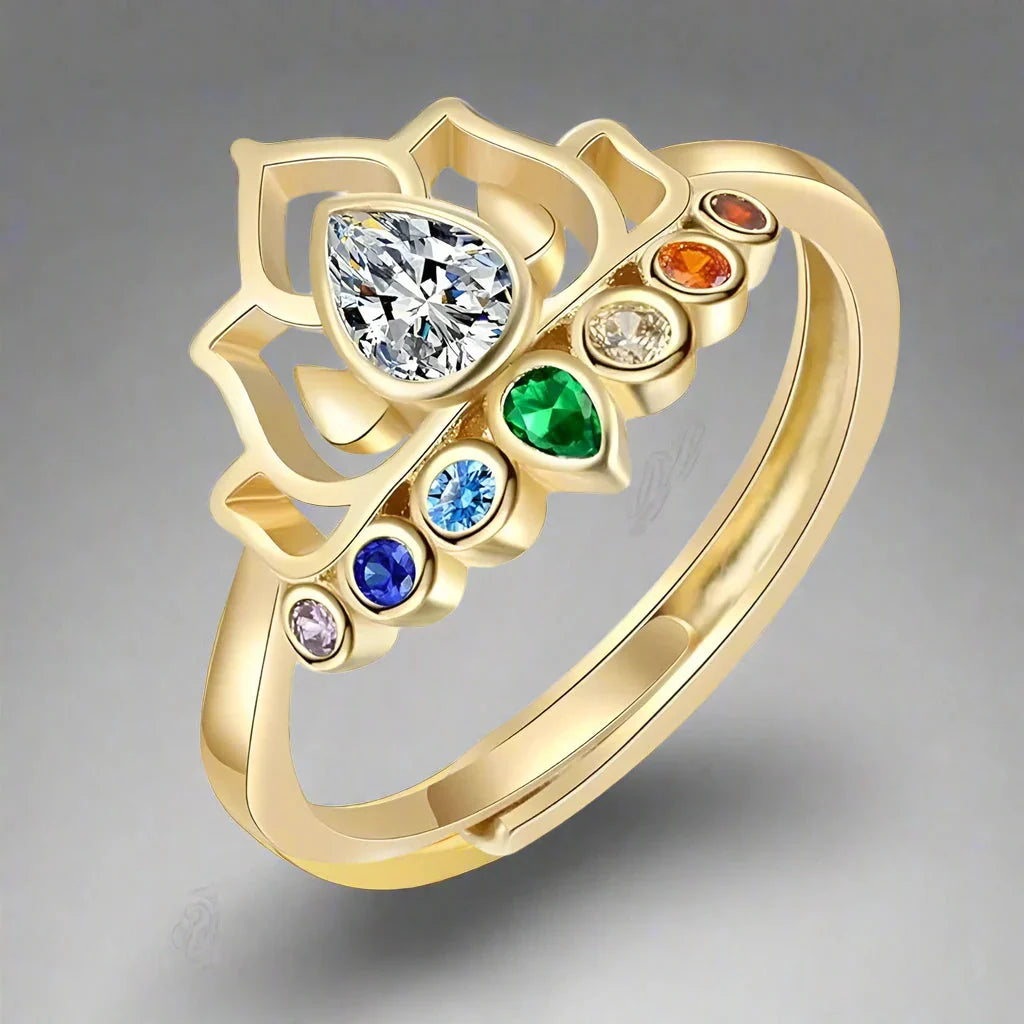 7 Chakra Stone Ring Lotus Flower Women gold