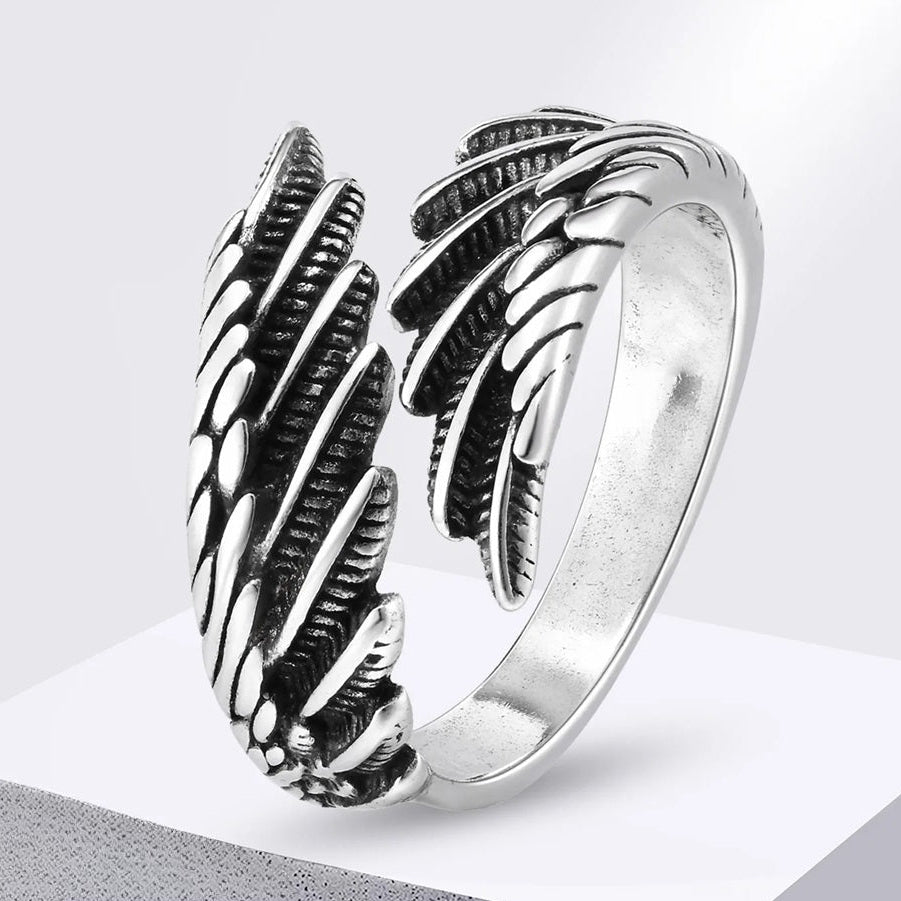 Silver-tone feather ring for men