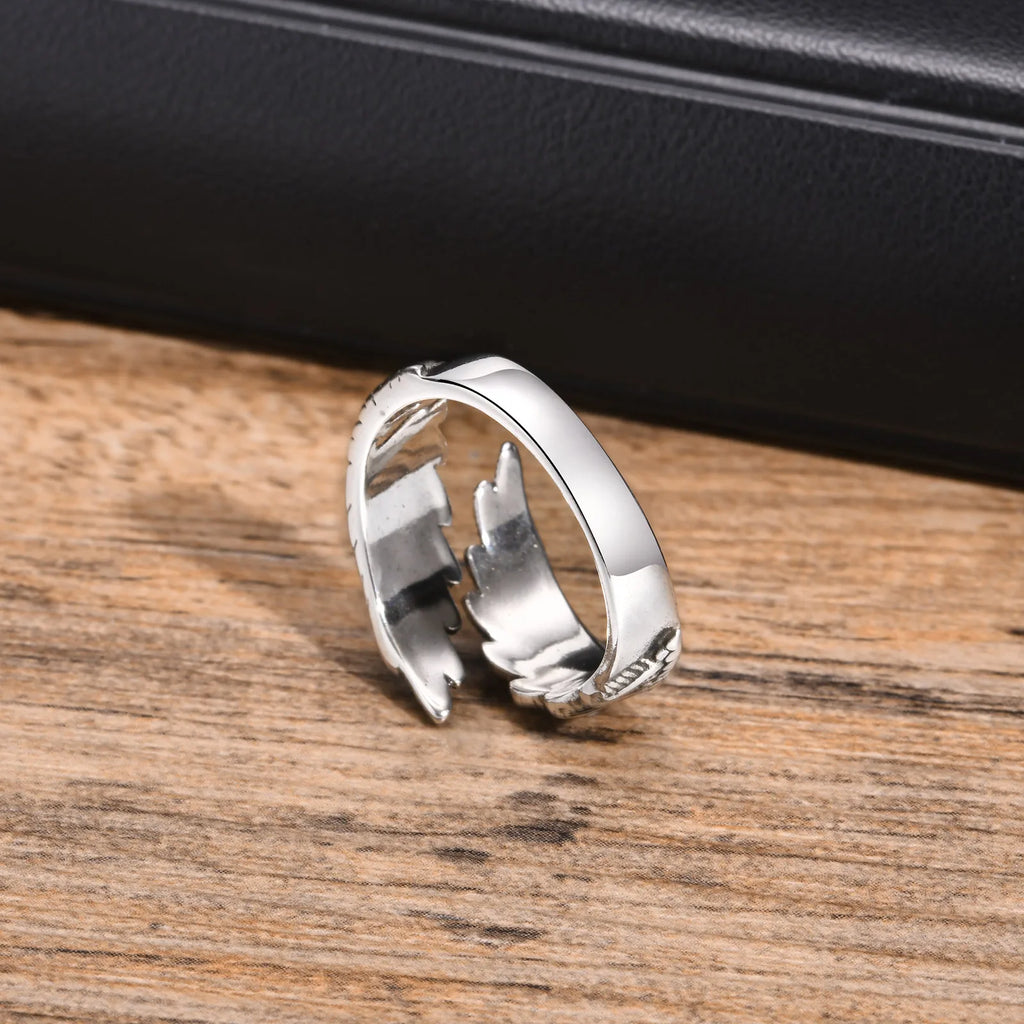 Silver-tone feather ring for men