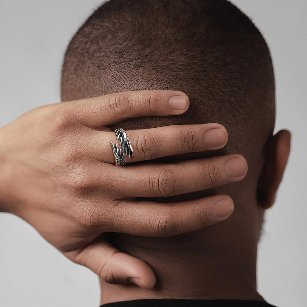 Silver-tone feather ring for men