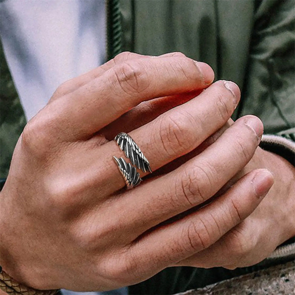 Silver-tone feather ring for men