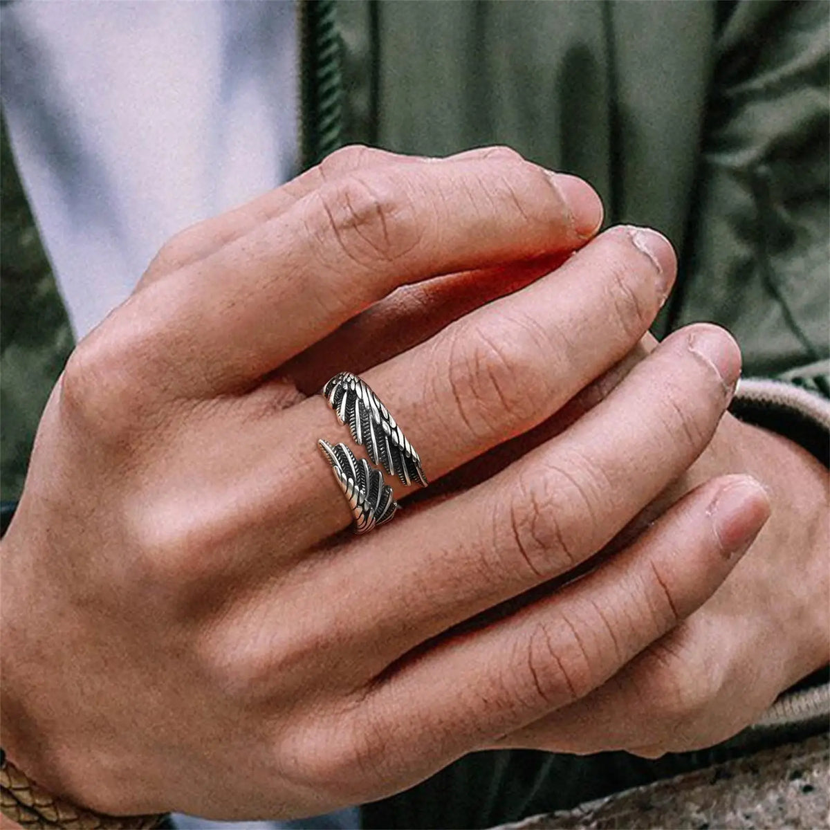 Silver-tone feather ring for men