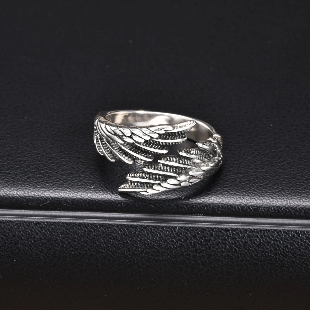 Silver-tone feather ring for men