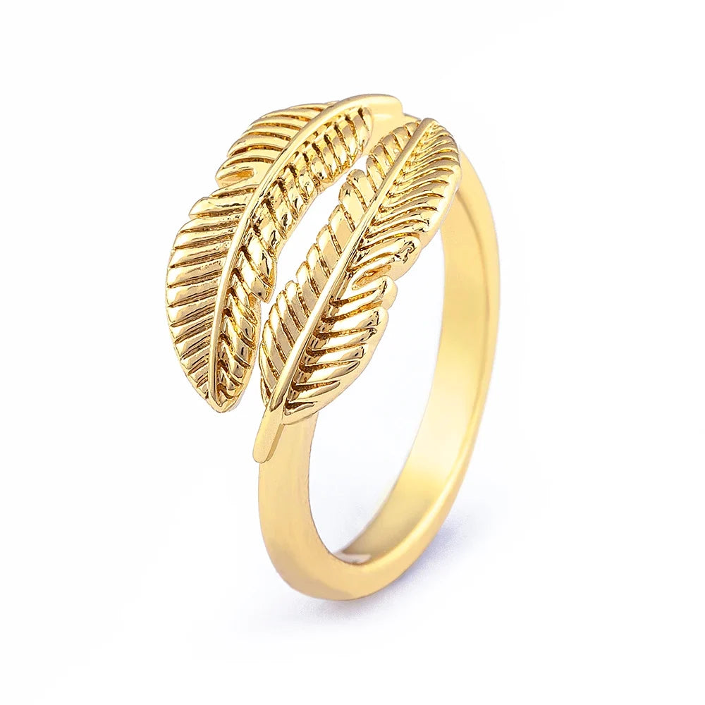 Gold-tone engraved feather ring