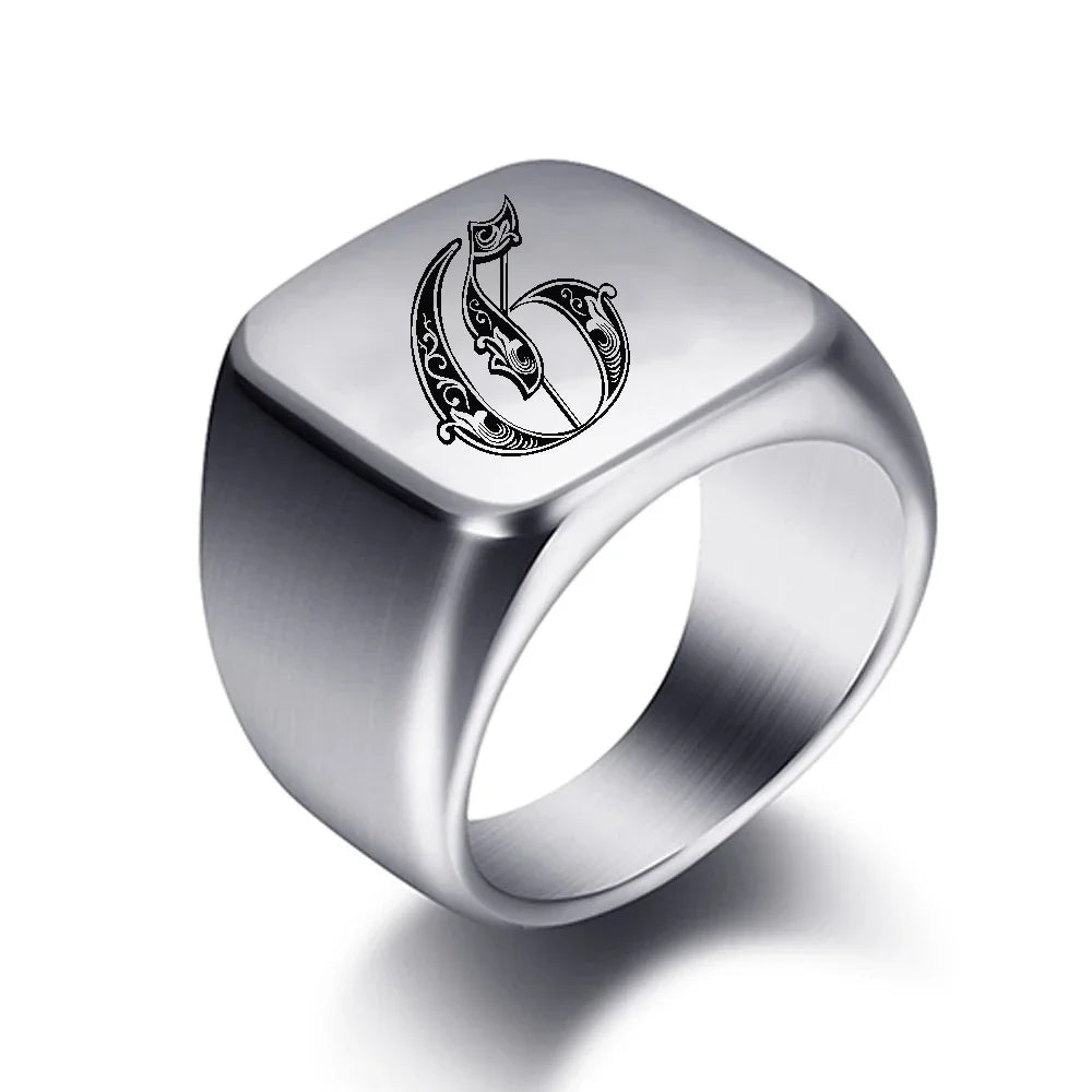 Wide men's initial ring g