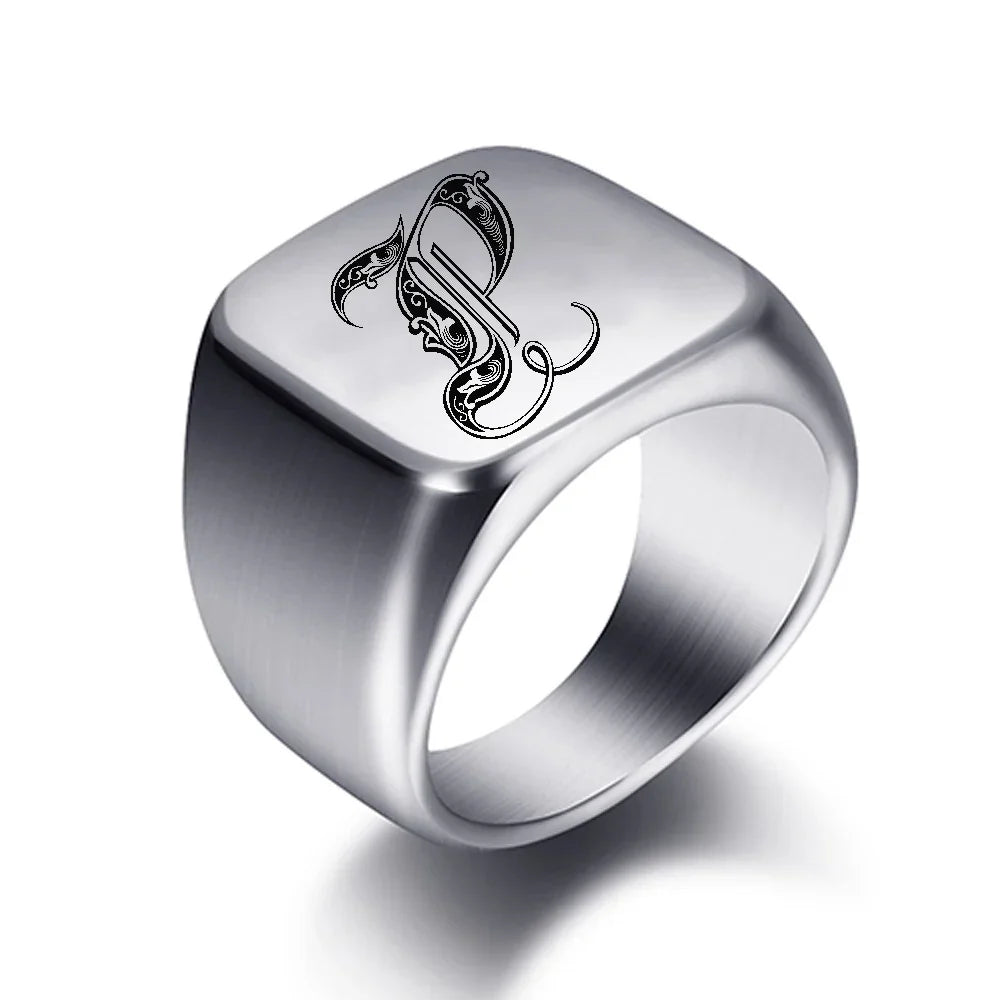 Wide men's initial ring p