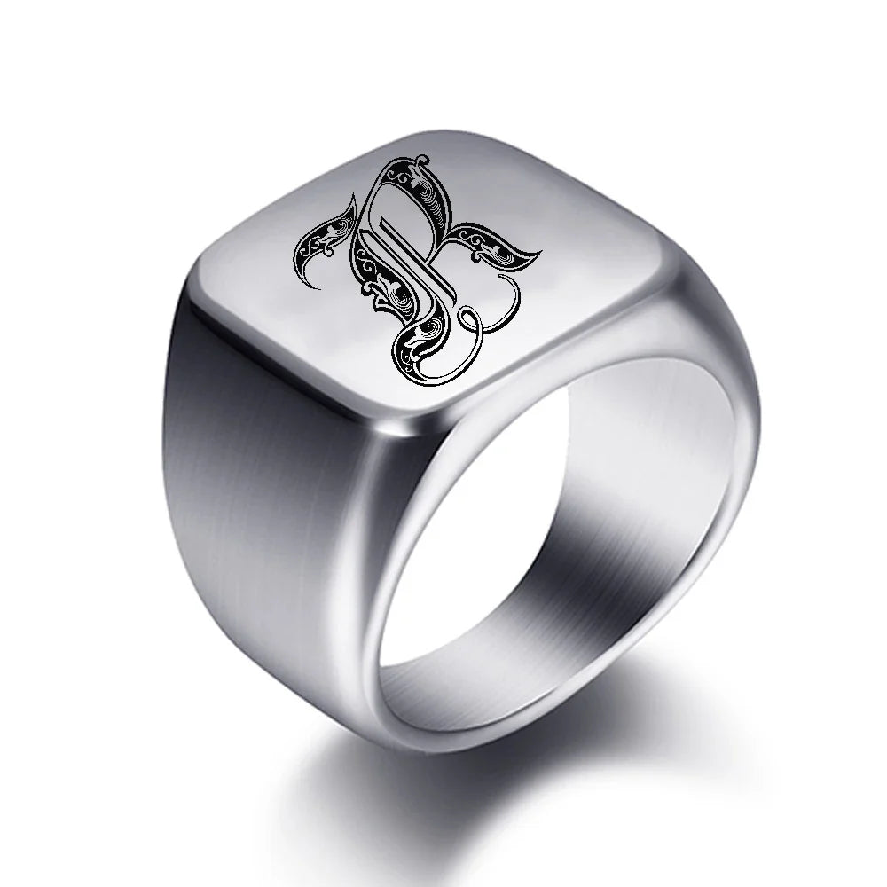 Wide men's initial ring r