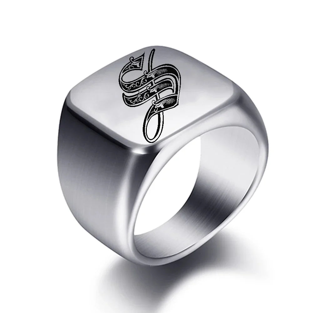 Wide men's initial ring w