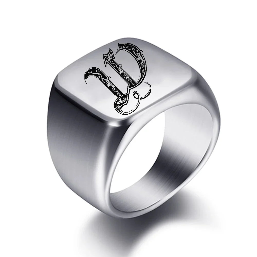 Wide men's initial ring w