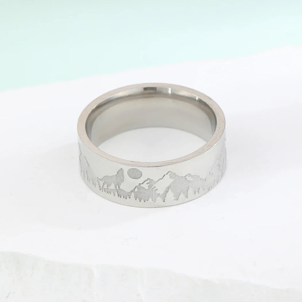 Retro Mountains Lion and Sun silver ring