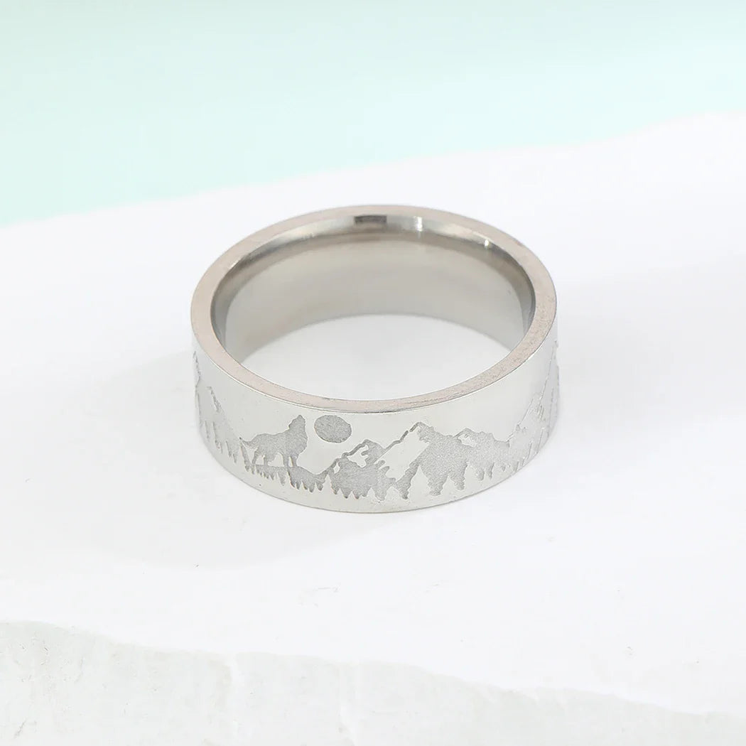Retro Mountains Lion and Sun silver ring