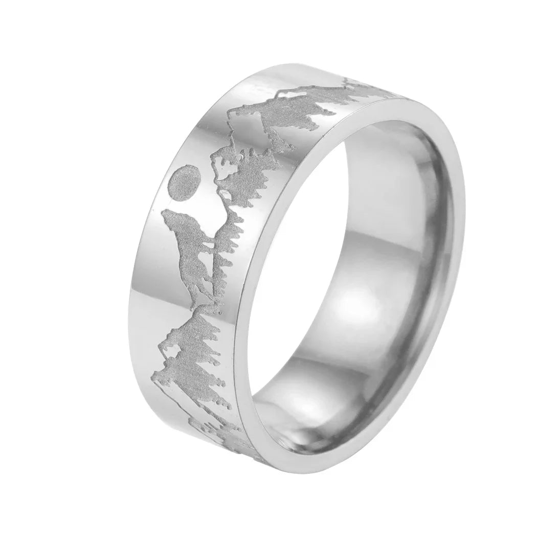 Retro Mountains Lion and Sun silver ring