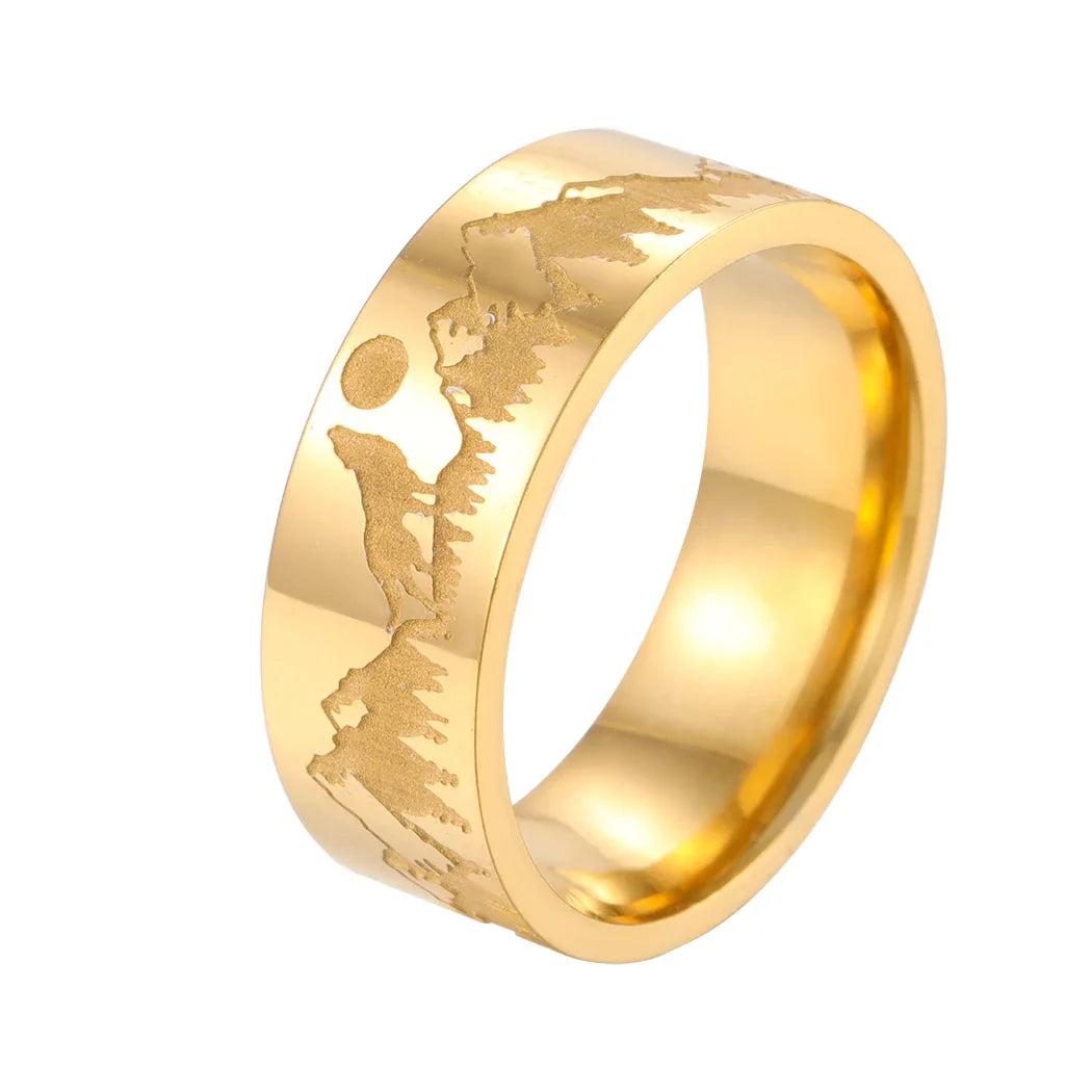 Retro Mountains Lion and Sun gold ring