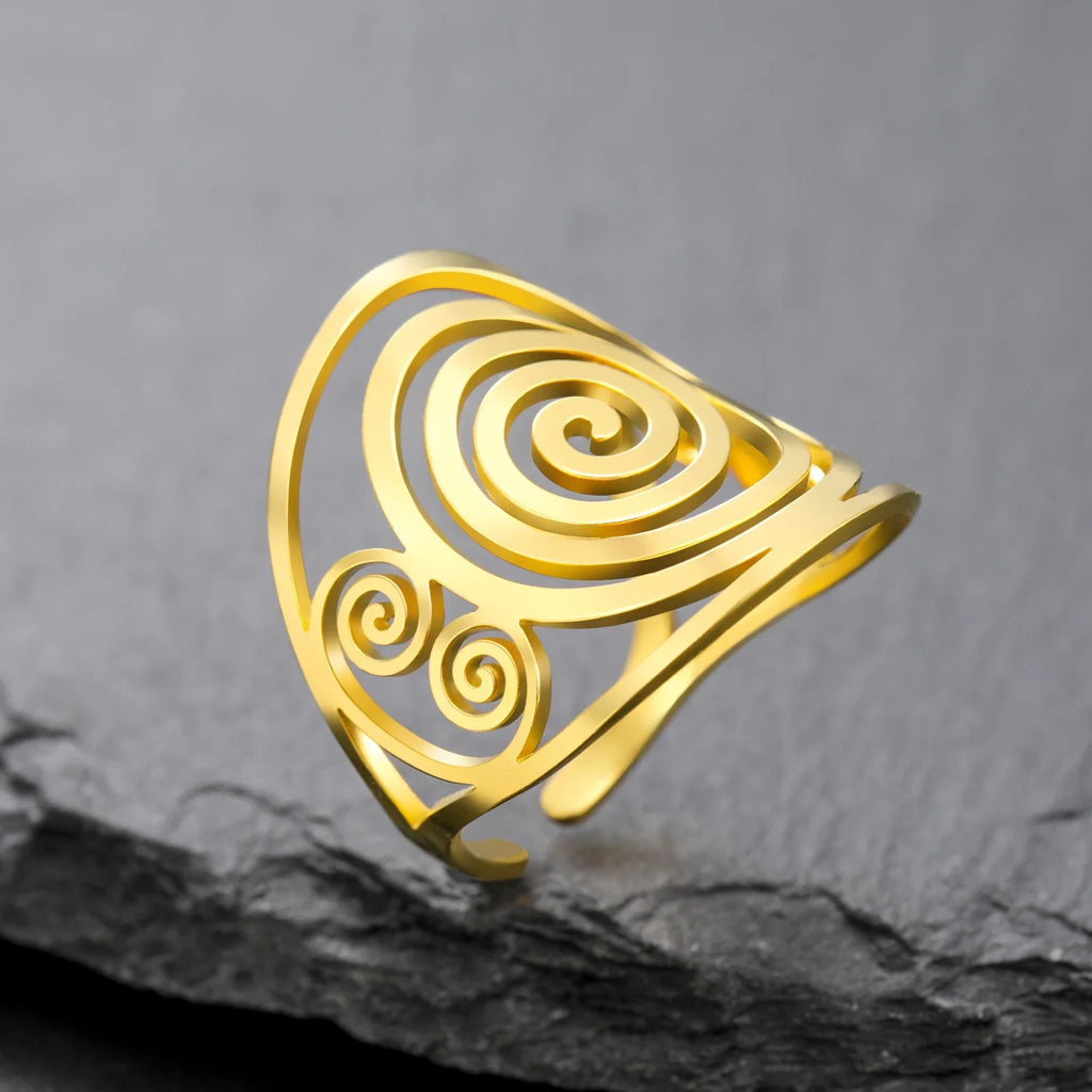 Wide spiral ring for women, gold