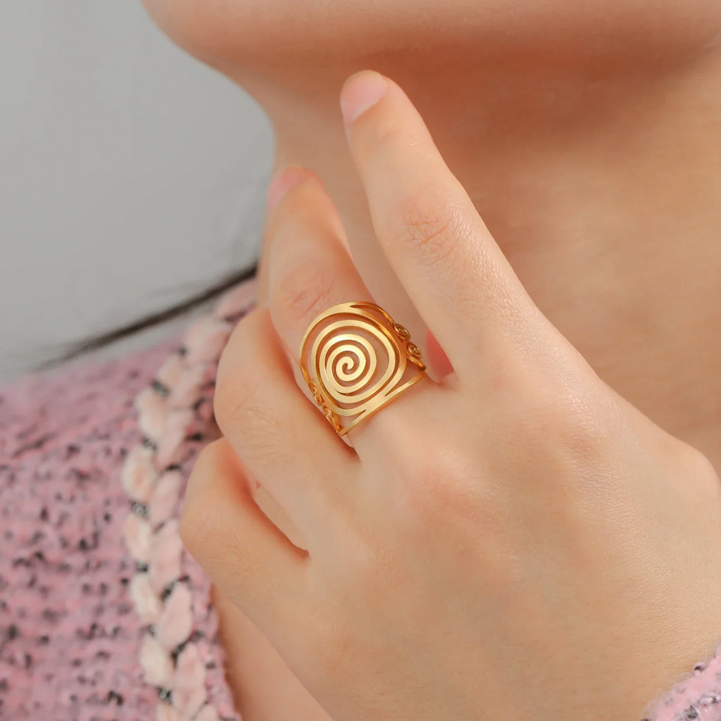 Wide spiral ring for women, gold