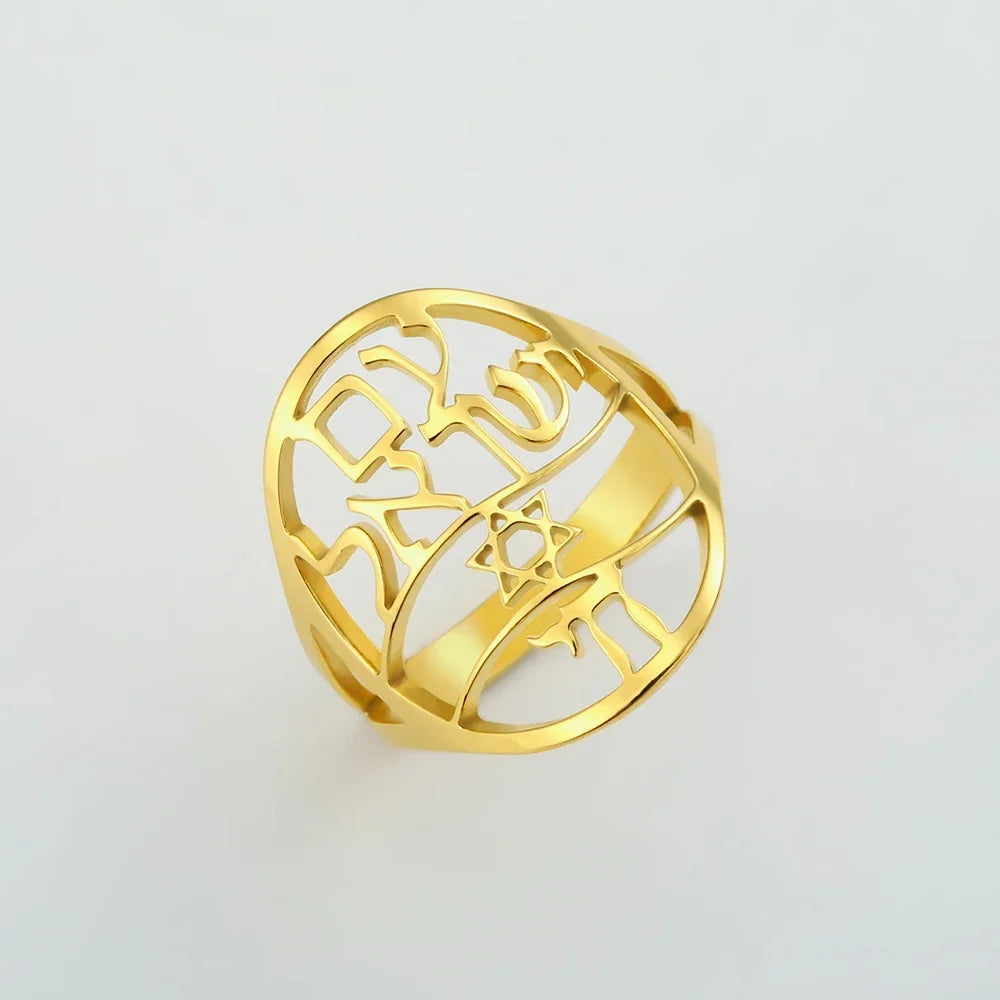 Jewish symbolic ring with Hebrew engraving, Star of David and Chai in gold