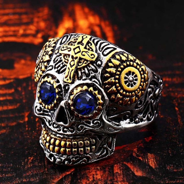 Mexican Skull Ring with blue eyes