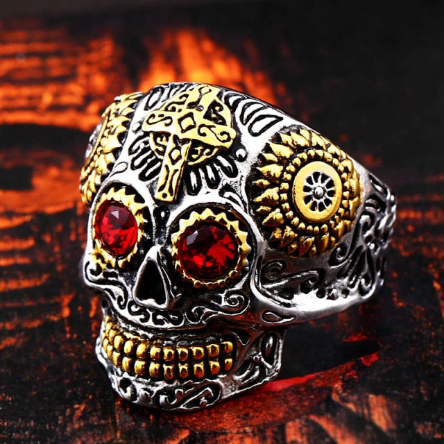 Mexican Skull Ring with red eyes