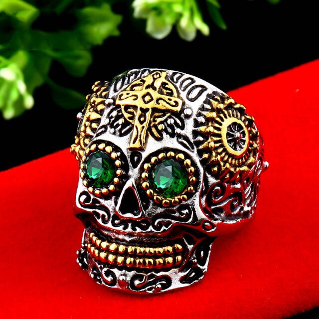 Mexican Skull Ring with green eyes