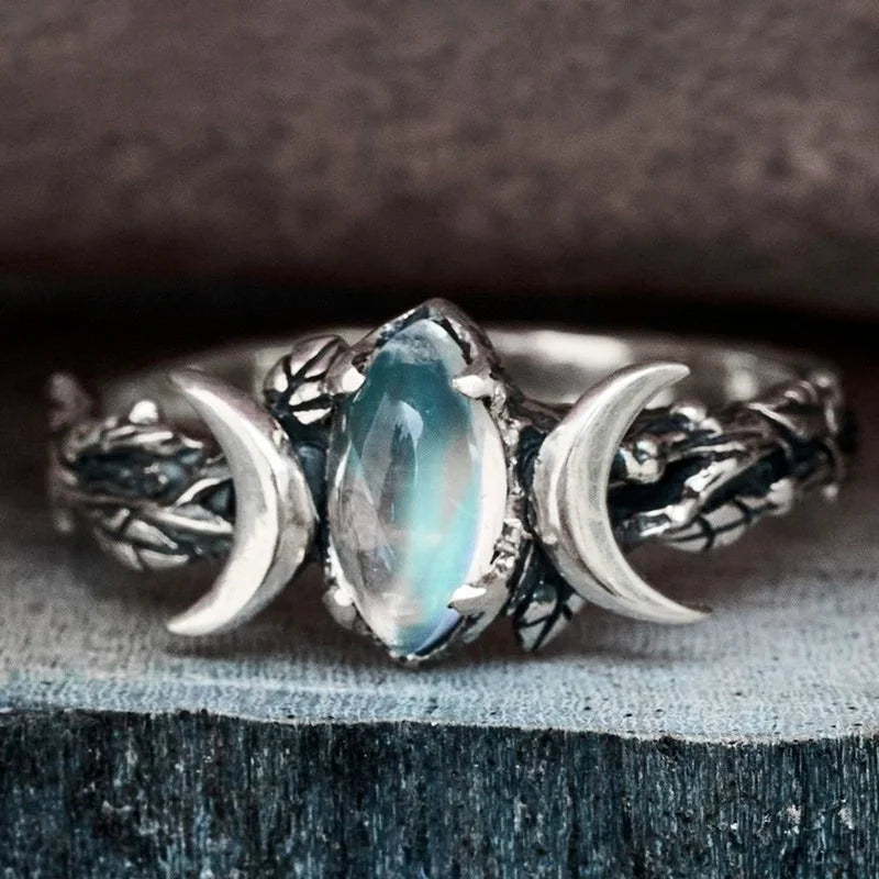 Triple Moon Witchcraft Ring Wiccan Stone Woman