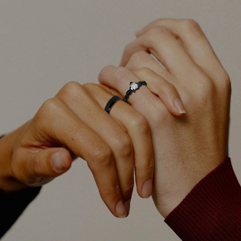 Couple Rings Heart Romantic Ring and Black Zircon