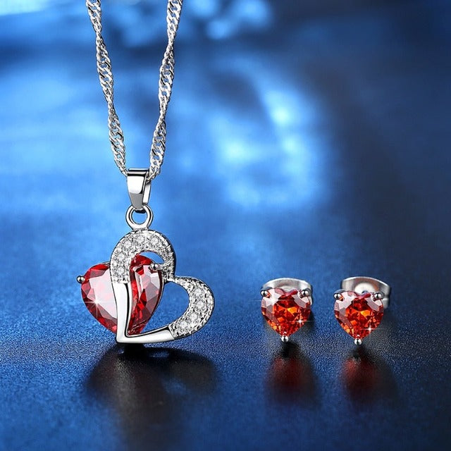 Heart Jewelry Necklace and Red Earrings