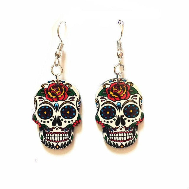 Mexican Skull Head White Earrings