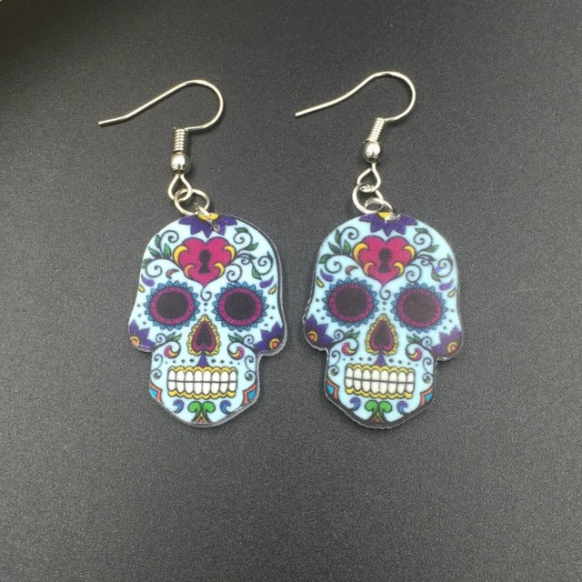 Mexican Skull Head Blue Earrings