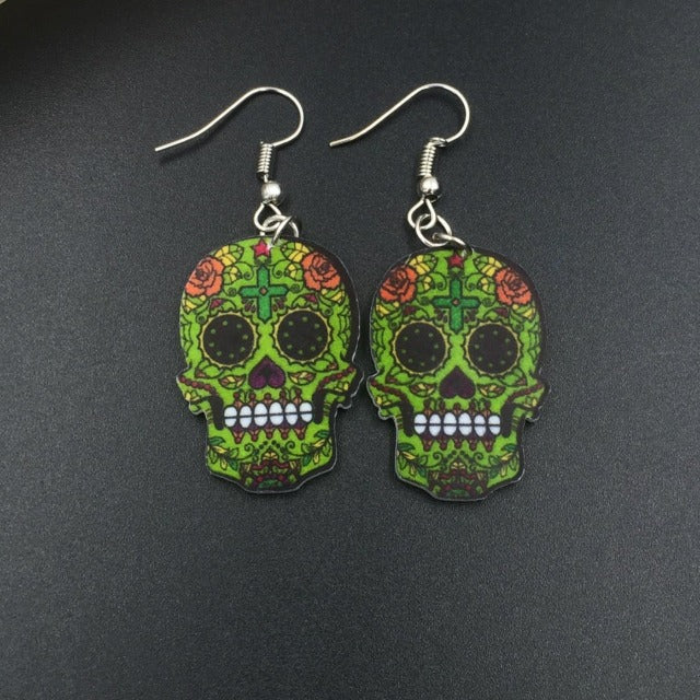 Mexican Skull Head Green Earrings