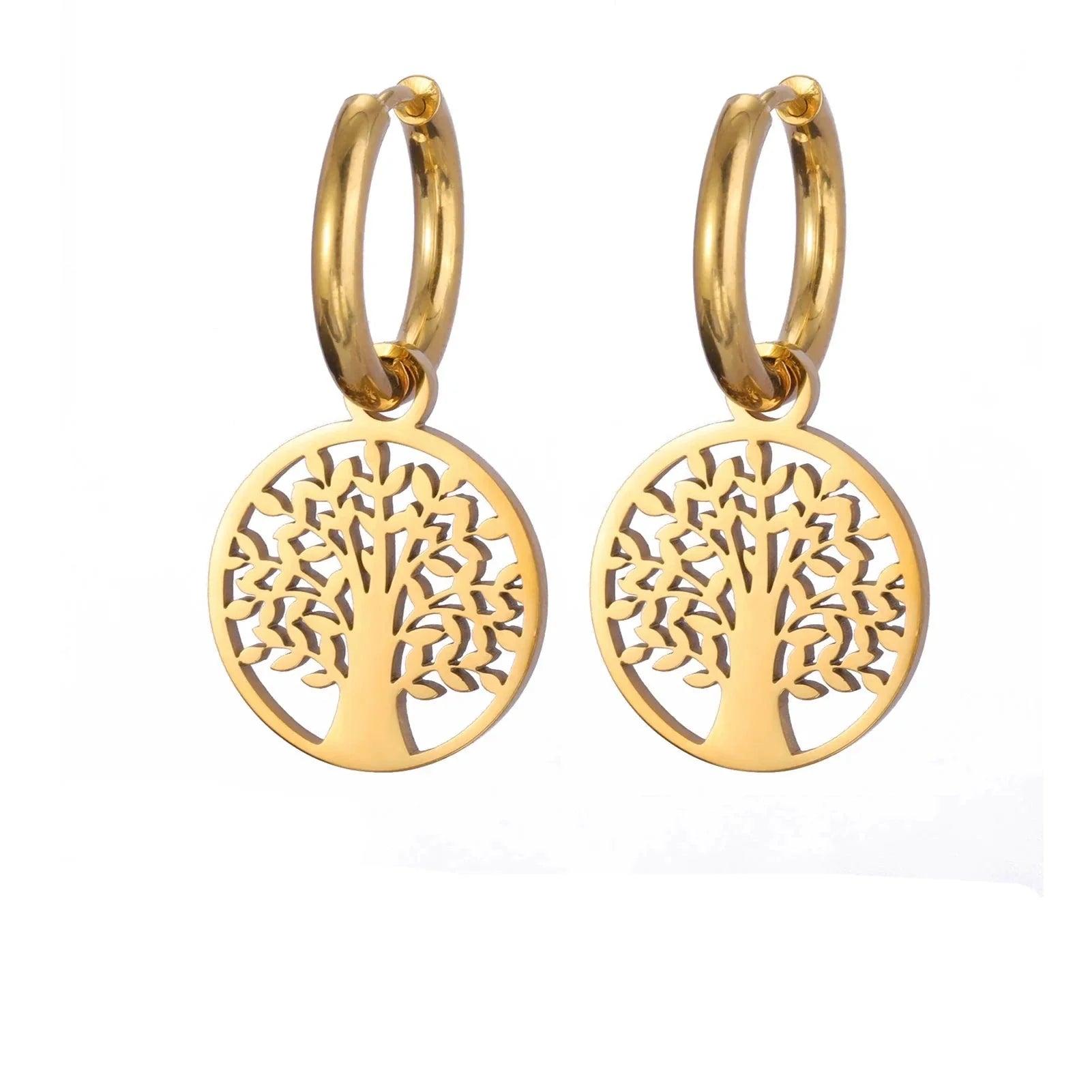 Tree of Life Hoop Earrings Hanging gold