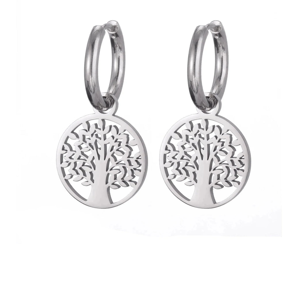 Tree of Life Hoop Earrings Hanging silver