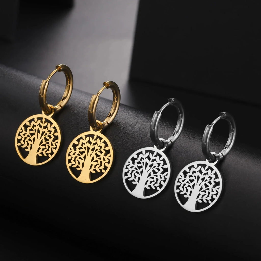 Tree of Life Hoop Earrings Hanging silver