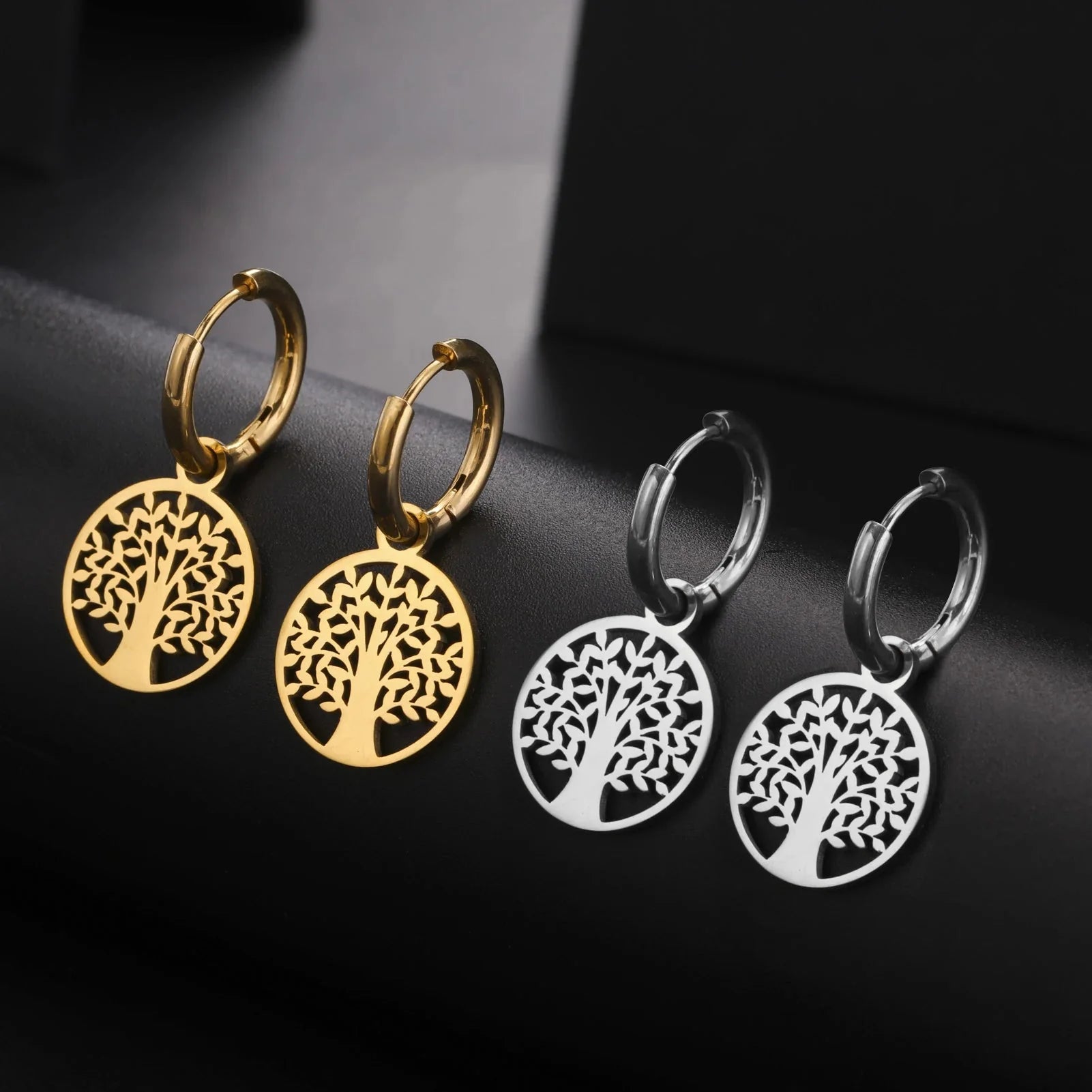 Tree of Life Hoop Earrings Hanging silver