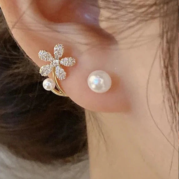 Stud Earrings with Zircon Flower and Pearl