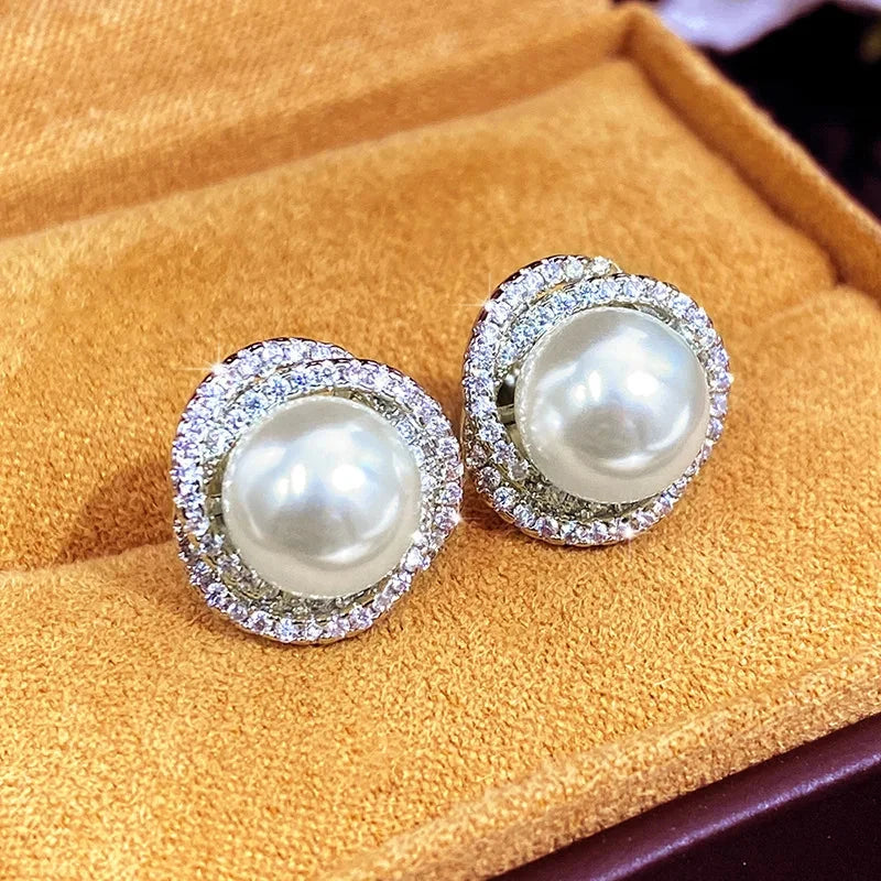 Stud Earrings with Silver Pearls and Rhinestones