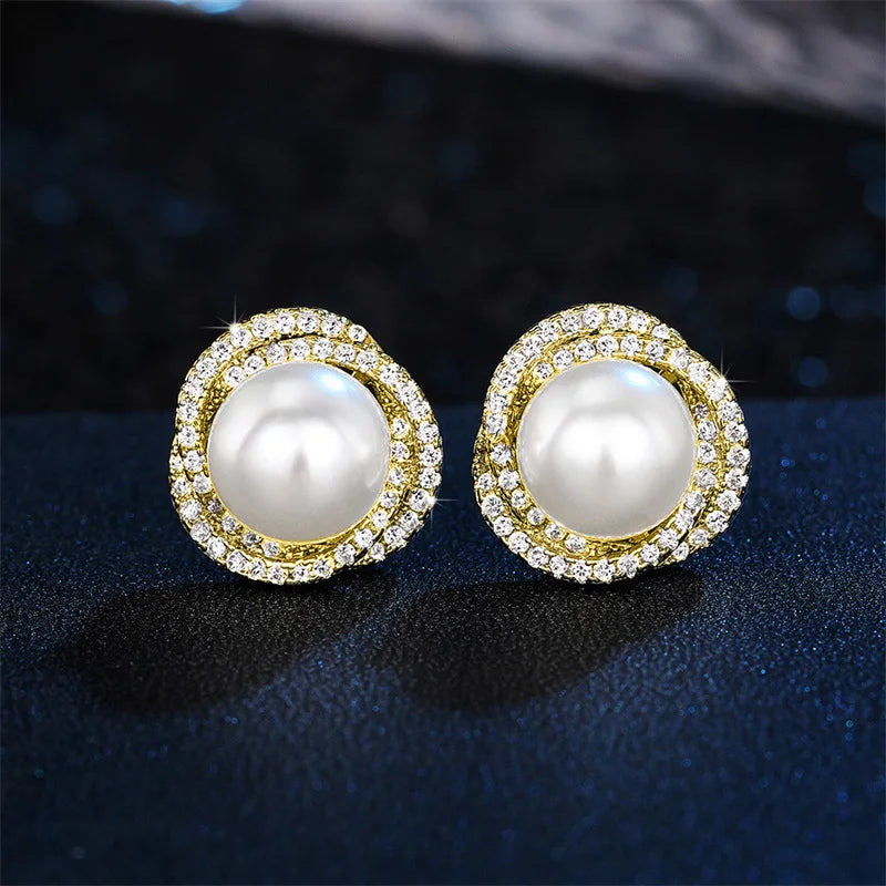 Stud Earrings with Gold Pearls and Rhinestones