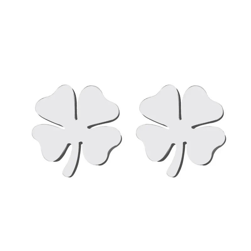 Stud Earrings with Four-Leaf Clover Lucky Charm Silver
