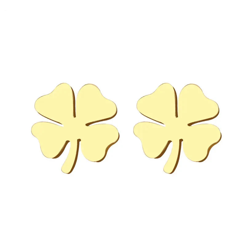 Stud Earrings with Four-Leaf Clover Lucky Charm Gold