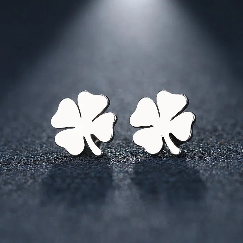 Stud Earrings with Four-Leaf Clover Lucky Charm Silver