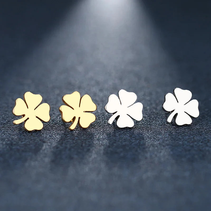 Stud Earrings with Four-Leaf Clover Lucky Charm Gold