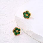 Stud Earrings with 5-Leaf Clover Green