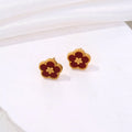 Stud Earrings with 5-Leaf Clover Red