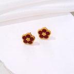 Stud Earrings with 5-Leaf Clover Red