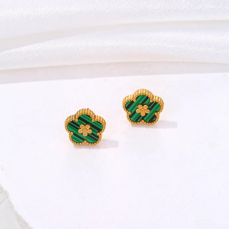 Stud Earrings with 5-Leaf Clover Green