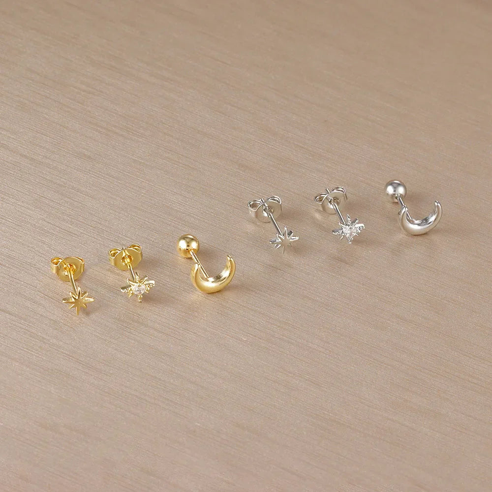 Silver Crescent Moon and Stars Stud Earrings
