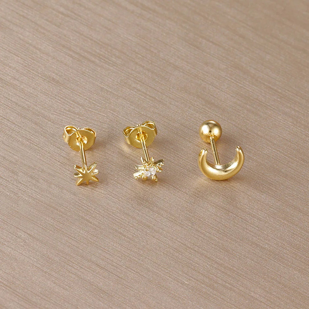 Gold Crescent Moon and Stars Stud Earrings