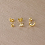 Gold Crescent Moon and Stars Stud Earrings